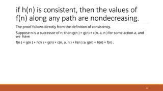 if h(n) is consistent, then the values of
f(n) along any path are nondecreasing.
42
The proof follows directly from the definition of consistency.
Suppose n is a successor of n; then g(n ) = g(n) + c(n, a, n ) for some action a, and
we have
f(n ) = g(n ) + h(n ) = g(n) + c(n, a, n ) + h(n ) g(n)
≥ + h(n) = f(n) .
 