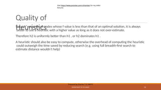 Quality of
Heuristics
Prepared by Sharika T R, SNGCE
DEPARTMENT OF CSE SNGCE 52
Since A* expands all nodes whose f value is less than that of an optimal solution, it is always
better to use a heuristic with a higher value as long as it does not over-estimate.
Therefore h2 is uniformly better than h1 , or h2 dominates h1 .
A heuristic should also be easy to compute, otherwise the overhead of computing the heuristic
could outweigh the time saved by reducing search (e.g. using full breadth-first search to
estimate distance wouldn’t help)
Visit https://www.youtube.com/c/sharikatr for my video
lectures
 