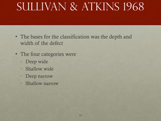15
Sullivan & Atkins 1968
• The bases for the classification was the depth and
width of the defect
• The four categories were
• Deep wide
• Shallow wide
• Deep narrow
• Shallow narrow
 