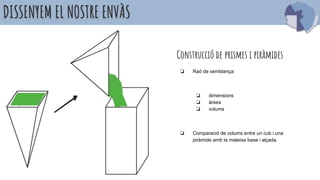DISSENYEM EL NOSTRE ENVÀS
Construcció de prismes i piràmides
❏ Raó de semblança:
❏ dimensions
❏ àrees
❏ volums
❏ Comparació de volums entre un cub i una
piràmide amb la mateixa base i alçada.
 