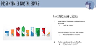 DISSENYEM EL NOSTRE ENVÀS
Modelització amb Geogebra
❏ Relació entre perímetre i dimensions d’un
rectangle
❏ Tipus de funció
❏ Variació de l’àrea en funció dels costats.
❏ Rectangle d’àrea màxima
❏ Anàlisi ortoedres amb superfície fixa
❏ H ha un volum màxim?
 