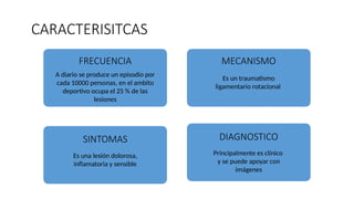 CARACTERISITCAS
A diario se produce un episodio por
cada 10000 personas, en el ambito
deportivo ocupa el 25 % de las
lesiones
FRECUENCIA
Principalmente es clínico
y se puede apoyar con
imágenes
DIAGNOSTICO
Es una lesión dolorosa,
inflamatoria y sensible
SINTOMAS
Es un traumatismo
ligamentario rotacional
MECANISMO
 