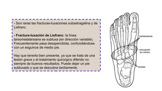 - Son raras las fracturas-luxaciones subastragalina y de
Lisfranc.
- Fractura-luxación de Lisfranc: la línea
tarsometatarsiana se subluxa (en dirección variable).
Frecuentemente pasa desapercibida, confundiéndose
con un esguince de medio pie.
Hay que tenerla bien presente, ya que se trata de una
lesión grave y el tratamiento quirúrgico diferido no
siempre da buenos resultados. Puede dejar un pie
subluxado y que se descubra tardíamente.
 