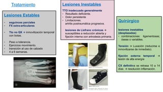 Tratamiento
Lesiones Estables
- esguinces parciales
- FX extra-articulares
- Tto no QX 🡪 inmovilización temporal
con botas.
- Peso a tolerancia.
- Ejercicios movimiento.
- transición al uso de calzado
- 4 a 6 semanas.
Lesiones Inestables
TTO inadecuado generalmente
- Resultado deficiente.
- Dolor persistente
- Limitaciones.
artritis postraumática progresiva.
lesiones de Lisfranc crónicas 🡪
susceptibles a reducción abierta y
fijación interna con artrodesis primaria.
Quirúrgico
lesiones inestables
(desplazadas)
- combinaciones: ligamentosas;
óseas o variables.
Tensión Luxación (reducirse e
🡪
inmovilizarse de inmediato).
fijación externa temporal 🡪
lesión de alta energía
CX definitiva se retrasa 10 a 14
días resolución inflamación.
🡪
 