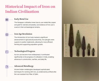 Historical Impact of Iron on
Indian Civilization
Early Metal Use
The Harappan civilization knew how to use metals like copper
and gold for utensils and jewelry, but evidence of iron use is
scarce in their archaeological remains.
Iron Age Revolution
The introduction of iron tools marked a significant
advancement in agricultural productivity. Iron ploughs were
superior to earlier implements, allowing for more efficient
farming and supporting population growth.
Technological Progress
As iron use became more widespread, it contributed
significantly to the progress of civilization in India, enabling
advances in construction, warfare, and daily life.
Advanced Metallurgy
Ancient Indian metallurgists developed sophisticated
techniques for working with iron, as evidenced by artifacts like
the rust-resistant Iron Pillar of Delhi.
 