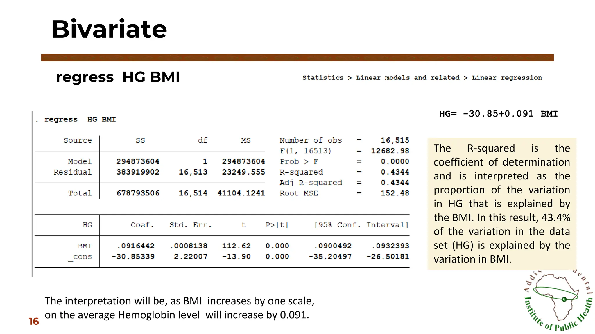 regress HG BMI
Bivariate
16
HG= -30.85+0.091 BMI
The interpretation will be, as BMI increases by one scale,
on the average Hemoglobin level will increase by 0.091.
The R-squared is the
coefficient of determination
and is interpreted as the
proportion of the variation
in HG that is explained by
the BMI. In this result, 43.4%
of the variation in the data
set (HG) is explained by the
variation in BMI.
 
