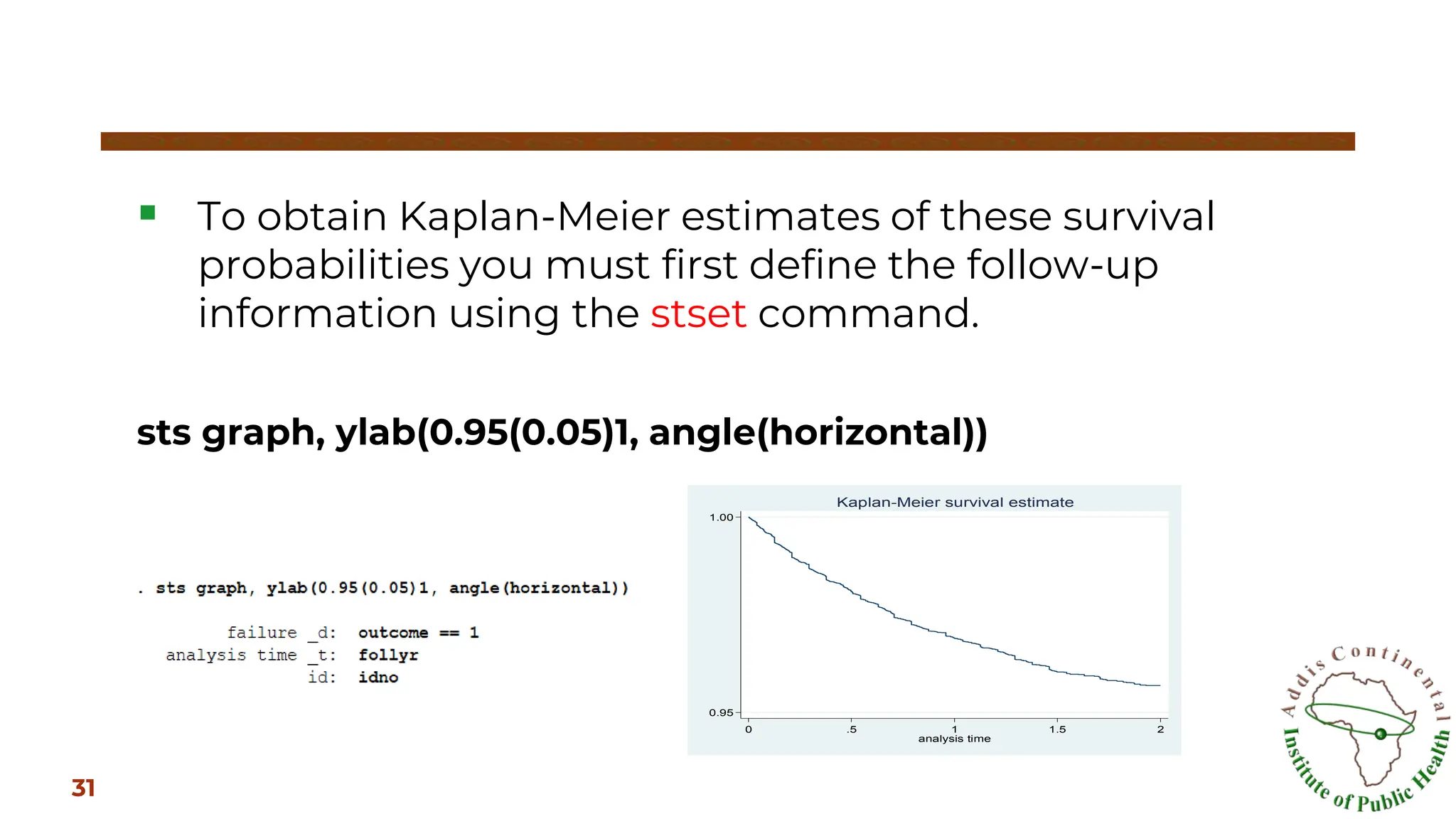 ▪ To obtain Kaplan-Meier estimates of these survival
probabilities you must first define the follow-up
information using the stset command.
sts graph, ylab(0.95(0.05)1, angle(horizontal))
31
0.95
1.00
0 .5 1 1.5 2
analysis time
Kaplan-Meier survival estimate
 