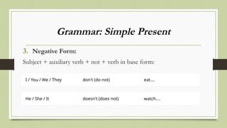 Grammar: Simple Present
3. Negative Form:
Subject + auxiliary verb + not + verb in base form:
I / You / We / They don't (do not) eat….
He / She / It doesn't (does not) watch….
 