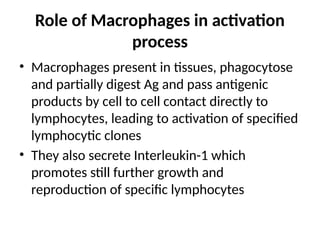 Role of Macrophages in activation
process
• Macrophages present in tissues, phagocytose
and partially digest Ag and pass antigenic
products by cell to cell contact directly to
lymphocytes, leading to activation of specified
lymphocytic clones
• They also secrete Interleukin-1 which
promotes still further growth and
reproduction of specific lymphocytes
 