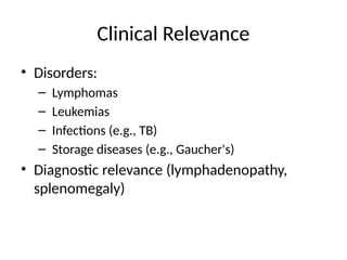 Clinical Relevance
• Disorders:
– Lymphomas
– Leukemias
– Infections (e.g., TB)
– Storage diseases (e.g., Gaucher's)
• Diagnostic relevance (lymphadenopathy,
splenomegaly)
 