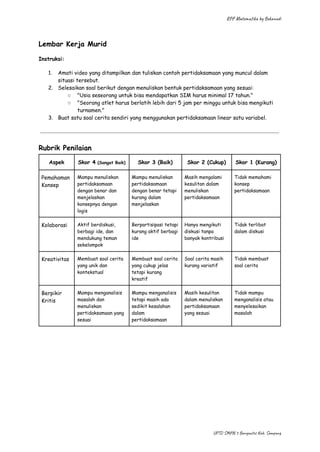 RPP Matematika by Bekanadi
Lembar Kerja Murid
Instruksi:
1.​ Amati video yang ditampilkan dan tuliskan contoh pertidaksamaan yang muncul dalam
situasi tersebut.
2.​ Selesaikan soal berikut dengan menuliskan bentuk pertidaksamaan yang sesuai:
○​ "Usia seseorang untuk bisa mendapatkan SIM harus minimal 17 tahun."
○​ "Seorang atlet harus berlatih lebih dari 5 jam per minggu untuk bisa mengikuti
turnamen."
3.​ Buat satu soal cerita sendiri yang menggunakan pertidaksamaan linear satu variabel.
Rubrik Penilaian
Aspek Skor 4 (Sangat Baik) Skor 3 (Baik) Skor 2 (Cukup) Skor 1 (Kurang)
Pemahaman
Konsep
Mampu menuliskan
pertidaksamaan
dengan benar dan
menjelaskan
konsepnya dengan
logis
Mampu menuliskan
pertidaksamaan
dengan benar tetapi
kurang dalam
menjelaskan
Masih mengalami
kesulitan dalam
menuliskan
pertidaksamaan
Tidak memahami
konsep
pertidaksamaan
Kolaborasi Aktif berdiskusi,
berbagi ide, dan
mendukung teman
sekelompok
Berpartisipasi tetapi
kurang aktif berbagi
ide
Hanya mengikuti
diskusi tanpa
banyak kontribusi
Tidak terlibat
dalam diskusi
Kreativitas Membuat soal cerita
yang unik dan
kontekstual
Membuat soal cerita
yang cukup jelas
tetapi kurang
kreatif
Soal cerita masih
kurang variatif
Tidak membuat
soal cerita
Berpikir
Kritis
Mampu menganalisis
masalah dan
menuliskan
pertidaksamaan yang
sesuai
Mampu menganalisis
tetapi masih ada
sedikit kesalahan
dalam
pertidaksamaan
Masih kesulitan
dalam menuliskan
pertidaksamaan
yang sesuai
Tidak mampu
menganalisis atau
menyelesaikan
masalah
UPTD SMPN 3 Banyuates Kab. Sampang
 