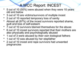 • 5 out of 10 (50%) were abused when they were 10 years
old and below
• 3 out of 10 are victims/survivors of multiple incest
• 2 out of 10 reported temporary loss of sanity
• Almost all (97%) of the incest survivors reported shame,
guilt and loss of self-esteem
• 7 out of 10 survivors blamed themselves for the abuse
• 6 out of 10 incest survivors reported that their mothers are
also physically and psychologically abused
• 1 out of 3 were abused by their own biological fathers
• 1 out of 10 was abused by her stepfather
• 2 out of 10 incest and rape survivors had unwanted
pregnancies
A WCC Report: INCEST
 
