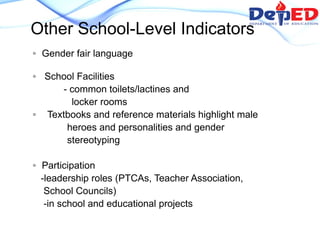 Other School-Level Indicators
◦ Gender fair language
◦ School Facilities
- common toilets/lactines and
locker rooms
◦ Textbooks and reference materials highlight male
heroes and personalities and gender
stereotyping
◦ Participation
-leadership roles (PTCAs, Teacher Association,
School Councils)
-in school and educational projects
 