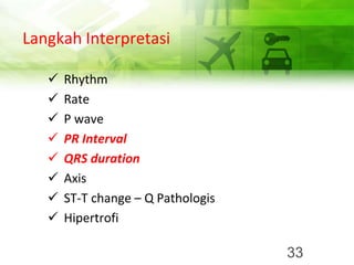 Langkah Interpretasi
✓ Rhythm
✓ Rate
✓ P wave
✓ PR Interval
✓ QRS duration
✓ Axis
✓ ST-T change – Q Pathologis
✓ Hipertrofi
33
 