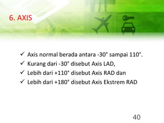 6. AXIS
✓ Axis normal berada antara -30° sampai 110°.
✓ Kurang dari -30° disebut Axis LAD,
✓ Lebih dari +110° disebut Axis RAD dan
✓ Lebih dari +180° disebut Axis Ekstrem RAD
40
 