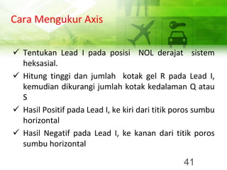 Cara Mengukur Axis
✓ Tentukan Lead I pada posisi NOL derajat sistem
heksasial.
✓ Hitung tinggi dan jumlah kotak gel R pada Lead I,
kemudian dikurangi jumlah kotak kedalaman Q atau
S
✓ Hasil Positif pada Lead I, ke kiri dari titik poros sumbu
horizontal
✓ Hasil Negatif pada Lead I, ke kanan dari titik poros
sumbu horizontal
41
 