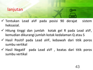 lanjutan
✓ Tentukan Lead aVF pada posisi 90 derajat sistem
heksasial.
✓ Hitung tinggi dan jumlah kotak gel R pada Lead aVF,
kemudian dikurangi jumlah kotak kedalaman Q atau S
✓ Hasil Positif pada Lead aVF, kebawah dari titik poros
sumbu vertikal
✓ Hasil Negatif pada Lead aVF , keatas dari titik poros
sumbu vertikal
43
 