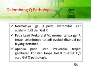 Gelombang Q Pathologis
✓ Normalnya gel Q pada Ekstremitas Lead
adalah < 1/3 dari Gel R
✓ Pada Lead Prekordial V1 normal tanpa gel R,
tetapi selanjutnya terjadi evolusi ditandai gel
R yang bertahap,
✓ Apabila pada Lead Prekordial terjadi
gambaran konstan tanpa Gel R disebut Q/S
atau Gel Q pathologis.
54
 