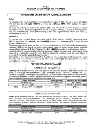 COPA
MEDICINA E SEGURANÇA DO TRABALHO
____________________________________________________________________________________________________________________________________________________________________
INSTRUMENTOS UTILIZADOS PARA AVALIAÇÃO AMBIENTAL
Ruído
Foi utilizado um Decibelímetro Digital Fabricante IMPAC, Modelo IP-130, Número de série: N/C código:
N/C, com data de calibração 30/09/2024, número do certificado 0879 / 2024– Labseim Serviços e
Montagens.
Os níveis de ruído foram medidos em decibéis (dB), com instrumento de nível de pressão sonora
operando no circuito de compensação “A” e circuito de resposta lenta (SLOW), com sua leitura próxima
ao ouvido do trabalhador. O limite de tolerância (LT) para uma carga horária de 8 horas é de 85 dB (A),
conforme NR-15 anexo 1.
Iluminância
Foi utilizado um Luxímetro Digital Fabricante INSTRUTEMP, Modelo ITLD-260, Número de série:
T437262 com data de calibração em 30/09/2024, número do certificado 0878 / 2024– Labseim
Serviços e Montagens.
Os níveis de iluminância foram medidos em Lux, com instrumento de nível de iluminância operando em
escala de 2.000 Lux. As iluminância limites recomendados variam de acordo com as classes de tarefas
visuais determinadas na NHO 11 – Portaria 876 – 24/10/2018 (Iluminação de ambientes de trabalho).
Locais de trabalho e máquinas incorretamente iluminados podem contribuir para o aumento da fadiga
visual, erros e acidentes, além de uma influência psicológica negativa sobre os trabalhadores e,
consequentemente, na produtividade dos mesmos.
Recomenda-se caso a iluminância esteja fora do padrão: a troca, caso haja lâmpadas queimadas ou em
desgaste pelo uso; aumento do número de lâmpadas; padronização dos tipos de lâmpadas e/ou
eliminação dos pontos de sombra.
POSTOS DE TRABALHO AVALIADOS
LOCAL: SETOR DE RECEPÇÃO.
DESCRIÇÃO: Área em alvenaria com piso revestido em cerâmica, cobertura com rebaixamento em
gesso, pé direito de aproximadamente 3,00m, iluminação natural / artificial (Lâmpadas em LED
Eletrônica Tubulares) e ventilação natural / artificial (ar condicionado). Local destinado as atividades
de controle de entrada e saída de clientes e marcação de atendimentos e ligações telefônicas. Interior
composto por mobiliário inerente a atividade exercida no local.
Agentes avaliados Fonte geradora Resultado das avaliações
Ruído dB Slow (A) Não específico 54,1 dB (A)
Recomendação Padrão Resultado da iluminância
NHO 11 – Portaria 876 – 24/10/2018 (300) 210 Lux
LOCAL: SETOR DA DIRETORIA.
DESCRIÇÃO: Área em alvenaria com piso revestido em cerâmica, cobertura com rebaixamento em
gesso, pé direito de aproximadamente 3,00m, iluminação natural / artificial (Lâmpadas em LED
Eletrônica Tubulares) e ventilação natural / artificial (ar condicionado). Local destinado às atividades
da coordenação e direção geral da instituição. Interior composto por mobiliário inerente a atividade
exercida no local.
Agentes avaliados Fonte geradora Resultado das avaliações
Ruído dB Slow (A) Não específico 53,0 dB (A)
Recomendação Padrão Resultado da iluminância
NHO 11 – Portaria 876 – 24/10/2018 (500) 215 Lux
11
_______________________________________________________________________________
Rua Manuela Barbosa, Nº 01 - Sala 207 – Méier – Rio de Janeiro – RJ – CEP: 20735-110
CNPJ: 54.503.513/0001-44 Telefone: 3899-3797 – 3899-0313.
 