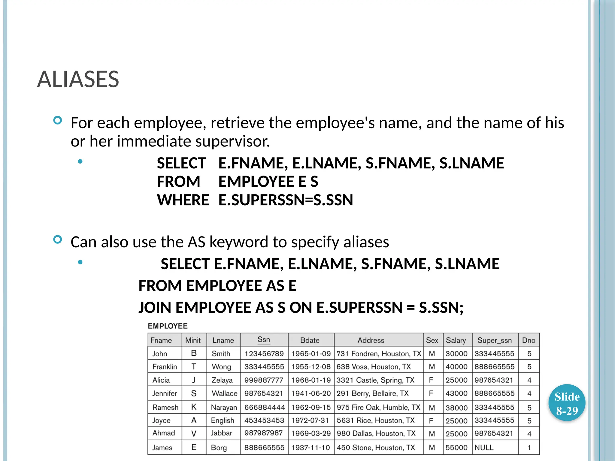 ALIASES
 For each employee, retrieve the employee's name, and the name of his
or her immediate supervisor.
 SELECT E.FNAME, E.LNAME, S.FNAME, S.LNAME
FROM EMPLOYEE E S
WHERE E.SUPERSSN=S.SSN
 Can also use the AS keyword to specify aliases
 SELECT E.FNAME, E.LNAME, S.FNAME, S.LNAME
FROM EMPLOYEE AS E
JOIN EMPLOYEE AS S ON E.SUPERSSN = S.SSN;
Slide
8-29
 