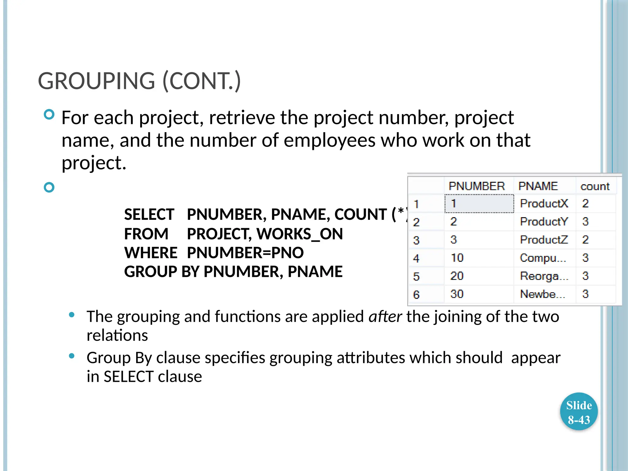 GROUPING (CONT.)
 For each project, retrieve the project number, project
name, and the number of employees who work on that
project.

SELECT PNUMBER, PNAME, COUNT (*)
FROM PROJECT, WORKS_ON
WHERE PNUMBER=PNO
GROUP BY PNUMBER, PNAME
 The grouping and functions are applied after the joining of the two
relations
 Group By clause specifies grouping attributes which should appear
in SELECT clause
Slide
8-43
 