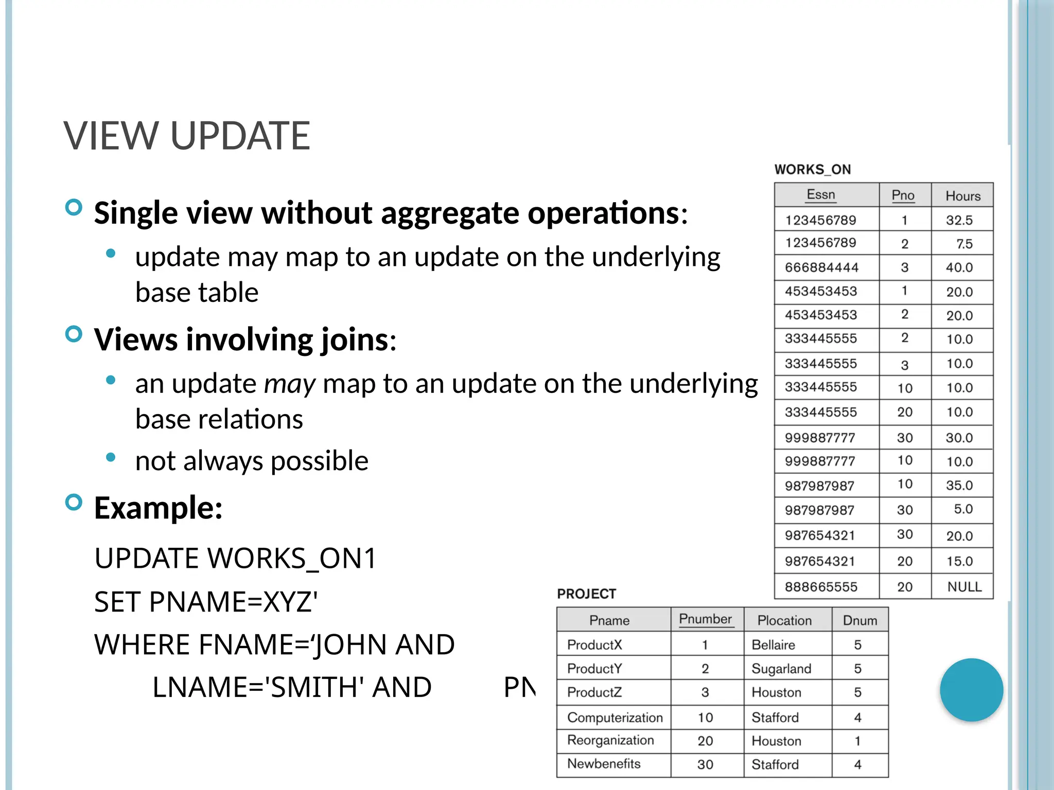 Chapter 9-82
VIEW UPDATE
 Single view without aggregate operations:
 update may map to an update on the underlying
base table
 Views involving joins:
 an update may map to an update on the underlying
base relations
 not always possible
 Example:
UPDATE WORKS_ON1
SET PNAME=XYZ'
WHERE FNAME=‘JOHN AND
LNAME='SMITH' AND PNAME=‘PRODUCTX’
 
