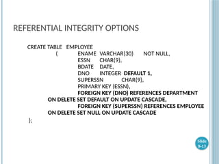 REFERENTIAL INTEGRITY OPTIONS
CREATE TABLE EMPLOYEE
( ENAME VARCHAR(30) NOT NULL,
ESSN CHAR(9),
BDATE DATE,
DNO INTEGER DEFAULT 1,
SUPERSSN CHAR(9),
PRIMARY KEY (ESSN),
FOREIGN KEY (DNO) REFERENCES DEPARTMENT
ON DELETE SET DEFAULT ON UPDATE CASCADE,
FOREIGN KEY (SUPERSSN) REFERENCES EMPLOYEE
ON DELETE SET NULL ON UPDATE CASCADE
);
Slide
8-13
 