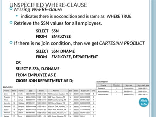 UNSPECIFIED WHERE-CLAUSE
 Missing WHERE-clause
 indicates there is no condition and is same as WHERE TRUE
 Retrieve the SSN values for all employees.
SELECT SSN
FROM EMPLOYEE
 If there is no join condition, then we get CARTESIAN PRODUCT
SELECT SSN, DNAME
FROM EMPLOYEE, DEPARTMENT
OR
SELECT E.SSN, D.DNAME
FROM EMPLOYEE AS E
CROSS JOIN DEPARTMENT AS D;
Slide
8-26
 