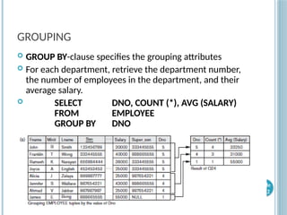 GROUPING
 GROUP BY-clause specifies the grouping attributes
 For each department, retrieve the department number,
the number of employees in the department, and their
average salary.
 SELECT DNO, COUNT (*), AVG (SALARY)
FROM EMPLOYEE
GROUP BY DNO
Slide
8-42
 