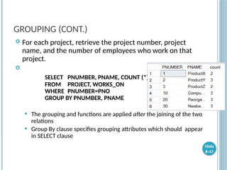 GROUPING (CONT.)
 For each project, retrieve the project number, project
name, and the number of employees who work on that
project.

SELECT PNUMBER, PNAME, COUNT (*)
FROM PROJECT, WORKS_ON
WHERE PNUMBER=PNO
GROUP BY PNUMBER, PNAME
 The grouping and functions are applied after the joining of the two
relations
 Group By clause specifies grouping attributes which should appear
in SELECT clause
Slide
8-43
 