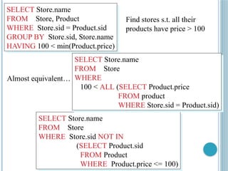 SELECT Store.name
FROM Store, Product
WHERE Store.sid = Product.sid
GROUP BY Store.sid, Store.name
HAVING 100 < min(Product.price)
SELECT Store.name
FROM Store
WHERE Store.sid NOT IN
(SELECT Product.sid
FROM Product
WHERE Product.price <= 100)
SELECT Store.name
FROM Store
WHERE
100 < ALL (SELECT Product.price
FROM product
WHERE Store.sid = Product.sid)
Almost equivalent…
Find stores s.t. all their
products have price > 100
 