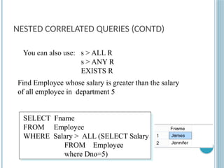 NESTED CORRELATED QUERIES (CONTD)
SELECT Fname
FROM Employee
WHERE Salary > ALL (SELECT Salary
FROM Employee
where Dno=5)
Find Employee whose salary is greater than the salary
of all employee in department 5
You can also use: s > ALL R
s > ANY R
EXISTS R
 