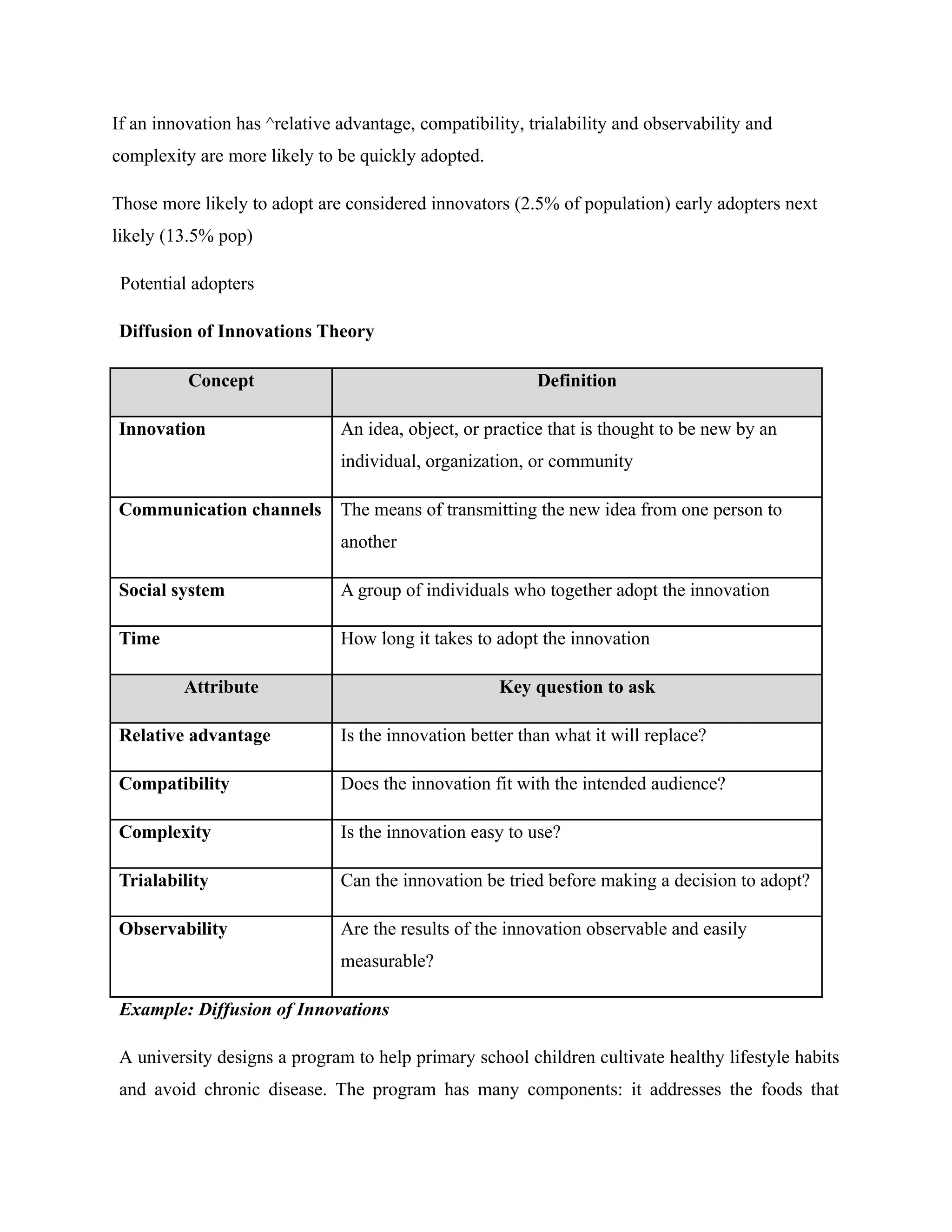 If an innovation has ^relative advantage, compatibility, trialability and observability and
complexity are more likely to be quickly adopted.
Those more likely to adopt are considered innovators (2.5% of population) early adopters next
likely (13.5% pop)
Potential adopters
Diffusion of Innovations Theory
Concept Definition
Innovation An idea, object, or practice that is thought to be new by an
individual, organization, or community
Communication channels The means of transmitting the new idea from one person to
another
Social system A group of individuals who together adopt the innovation
Time How long it takes to adopt the innovation
Attribute Key question to ask
Relative advantage Is the innovation better than what it will replace?
Compatibility Does the innovation fit with the intended audience?
Complexity Is the innovation easy to use?
Trialability Can the innovation be tried before making a decision to adopt?
Observability Are the results of the innovation observable and easily
measurable?
Example: Diffusion of Innovations
A university designs a program to help primary school children cultivate healthy lifestyle habits
and avoid chronic disease. The program has many components: it addresses the foods that
 