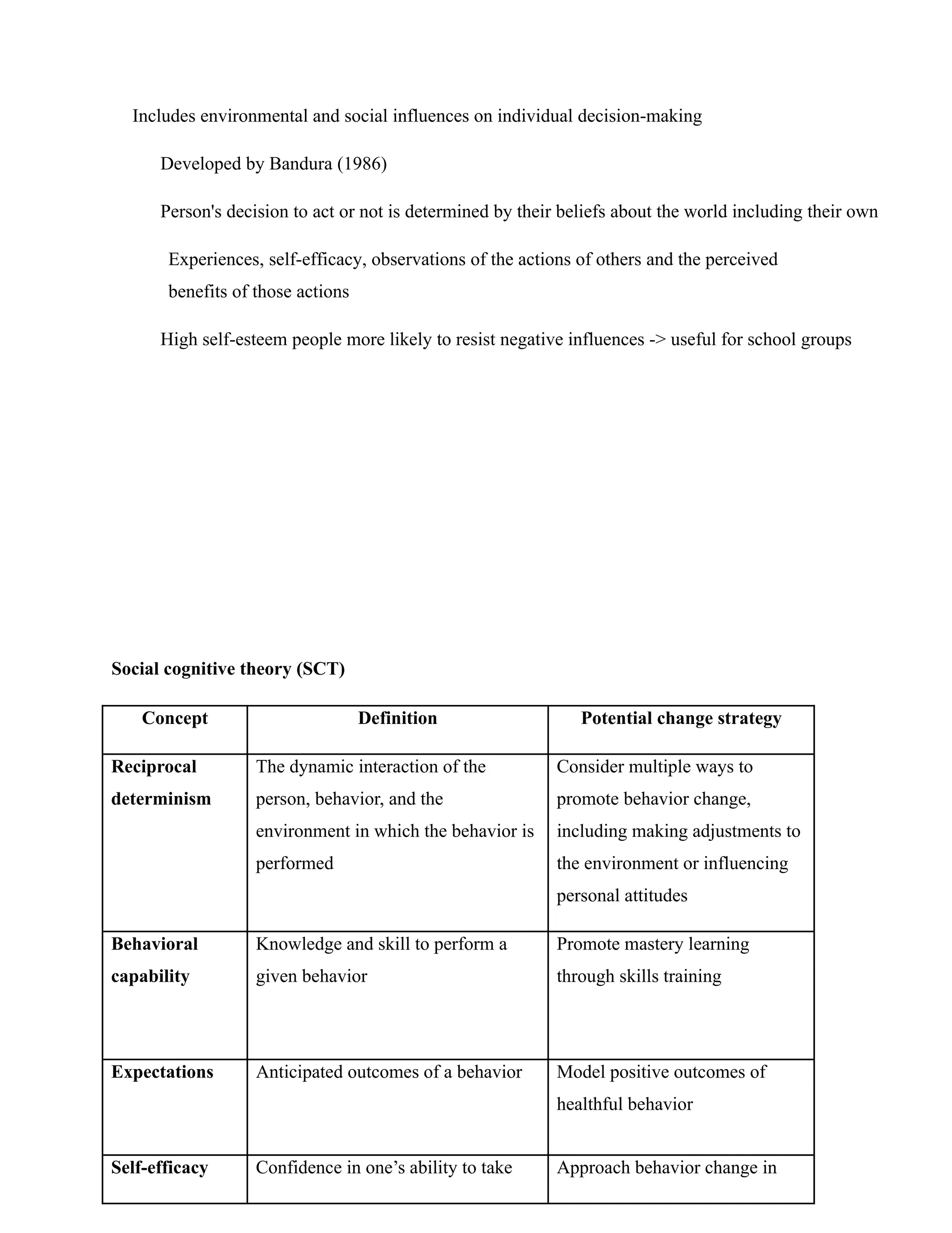 Includes environmental and social influences on individual decision-making
Developed by Bandura (1986)
Person's decision to act or not is determined by their beliefs about the world including their own
Experiences, self-efficacy, observations of the actions of others and the perceived
benefits of those actions
High self-esteem people more likely to resist negative influences -> useful for school groups
Social cognitive theory (SCT)
Concept Definition Potential change strategy
Reciprocal
determinism
The dynamic interaction of the
person, behavior, and the
environment in which the behavior is
performed
Consider multiple ways to
promote behavior change,
including making adjustments to
the environment or influencing
personal attitudes
Behavioral
capability
Knowledge and skill to perform a
given behavior
Promote mastery learning
through skills training
Expectations Anticipated outcomes of a behavior Model positive outcomes of
healthful behavior
Self-efficacy Confidence in one’s ability to take Approach behavior change in
 