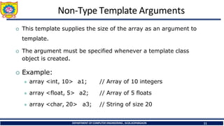 Non-Type Template Arguments
DEPARTMENT OF COMPUTER ENGINEERING , SCOE,KOPARGAON 11
 This template supplies the size of the array as an argument to
template.
 The argument must be specified whenever a template class
object is created.
 Example:
⚫ array <int, 10> a1;
⚫ array <float, 5> a2;
⚫ array <char, 20> a3;
// Array of 10 integers
// Array of 5 floats
// String of size 20
 