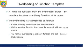 Overloading of Function Template
DEPARTMENT OF COMPUTER ENGINEERING , SCOE,KOPARGAON 8
 A template function may be overloaded either by
template functions or ordinary functions of its name.
 The overloading is accomplished as follows:
⚫ Call an ordinary function that has an exact match.
⚫ Call a template function that could be created with an
match.
exact
⚫ Try normal overloading to ordinary function and call the one
that matches.
 