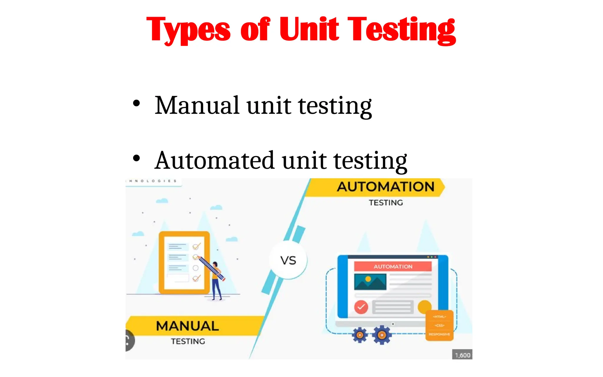 Types of Unit Testing
• Manual unit testing
• Automated unit testing
 