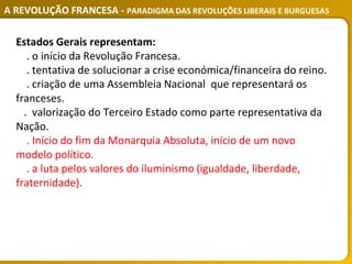 A REVOLUÇÃO FRANCESA - PARADIGMA DAS REVOLUÇÕES LIBERAIS E BURGUESAS
Estados Gerais representam:
. o início da Revolução Francesa.
. tentativa de solucionar a crise económica/financeira do reino.
. criação de uma Assembleia Nacional que representará os
franceses.
. valorização do Terceiro Estado como parte representativa da
Nação.
. Início do fim da Monarquia Absoluta, início de um novo
modelo político.
. a luta pelos valores do iluminismo (igualdade, liberdade,
fraternidade).
 