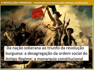 A REVOLUÇÃO FRANCESA - PARADIGMA DAS REVOLUÇÕES LIBERAIS E BURGUESAS
Da nação soberana ao triunfo da revolução
burguesa: a desagregação da ordem social do
Antigo Regime; a monarquia constitucional
 