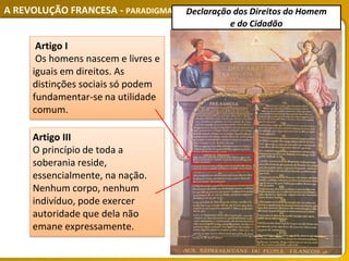 A REVOLUÇÃO FRANCESA - PARADIGMA DAS REVOLUÇÕES LIBERAIS E BURGUESAS
Artigo I
Os homens nascem e livres e
iguais em direitos. As
distinções sociais só podem
fundamentar-se na utilidade
comum.
Artigo III
O princípio de toda a
soberania reside,
essencialmente, na nação.
Nenhum corpo, nenhum
indivíduo, pode exercer
autoridade que dela não
emane expressamente.
Declaração dos Direitos do Homem
e do Cidadão
 