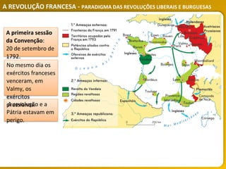A REVOLUÇÃO FRANCESA - PARADIGMA DAS REVOLUÇÕES LIBERAIS E BURGUESAS
A revolução e a
Pátria estavam em
perigo.
No mesmo dia os
exércitos franceses
venceram, em
Valmy, os
exércitos
prussianos.
A primeira sessão
da Convenção:
20 de setembro de
1792.
 