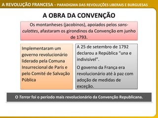 A REVOLUÇÃO FRANCESA - PARADIGMA DAS REVOLUÇÕES LIBERAIS E BURGUESAS
A OBRA DA CONVENÇÃO
Os montanheses (jacobinos), apoiados pelos sans-
culottes, afastaram os girondinos da Convenção em junho
de 1793.
A 25 de setembro de 1792
declarou a República “una e
indivisível”.
O governo da França era
revolucionário até à paz com
adoção de medidas de
exceção.
Implementaram um
governo revolucionário
liderado pela Comuna
Insurrecional de Paris e
pelo Comité de Salvação
Pública
O Terror foi o período mais revolucionário da Convenção Republicana.
 