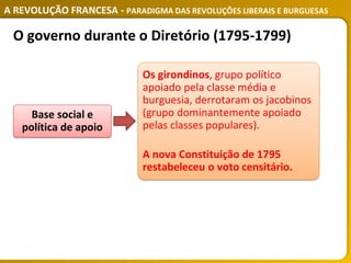 A REVOLUÇÃO FRANCESA - PARADIGMA DAS REVOLUÇÕES LIBERAIS E BURGUESAS
Os girondinos, grupo político
apoiado pela classe média e
burguesia, derrotaram os jacobinos
(grupo dominantemente apoiado
pelas classes populares).
A nova Constituição de 1795
restabeleceu o voto censitário.
Base social e
política de apoio
O governo durante o Diretório (1795-1799)
 