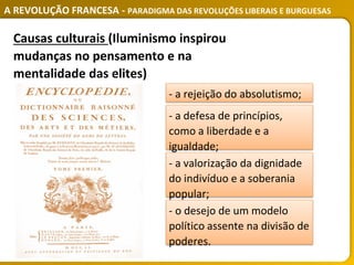 A REVOLUÇÃO FRANCESA - PARADIGMA DAS REVOLUÇÕES LIBERAIS E BURGUESAS
Causas culturais (Iluminismo inspirou
mudanças no pensamento e na
mentalidade das elites)
- o desejo de um modelo
político assente na divisão de
poderes.
- a valorização da dignidade
do indivíduo e a soberania
popular;
- a defesa de princípios,
como a liberdade e a
igualdade;
- a rejeição do absolutismo;
 