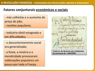 A REVOLUÇÃO FRANCESA - PARADIGMA DAS REVOLUÇÕES LIBERAIS E BURGUESAS
Fatores conjunturais económicos e sociais
- indústria têxtil estagnada e
em dificuldades;
Caderno de Queixas dos habitantes
da paróquia de LANVERN.
- o descontentamento social
era generalizado;
- a fome, a miséria e a
mendicidade provocaram
sublevações populares um
pouco por toda a França.
- más colheitas e o aumento do
preço do pão;
- revoltas populares;
 