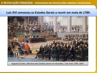 A REVOLUÇÃO FRANCESA - PARADIGMA DAS REVOLUÇÕES LIBERAIS E BURGUESAS
Luís XVI convocou os Estados Gerais a reunir em maio de 1789.
Auguste Couder, Abertura dos Estados Gerais em Versalhes, 5 de maio 1789, 1839.
 