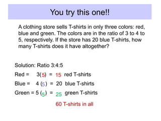 You try this one!!
A clothing store sells T-shirts in only three colors: red,
blue and green. The colors are in the ratio of 3 to 4 to
5, respectively. If the store has 20 blue T-shirts, how
many T-shirts does it have altogether?
Solution: Ratio 3:4:5
Red = 3( ) = red T-shirts
Blue = 4 ( ) = 20 blue T-shirts
Green = 5 ( ) = green T-shirts
5
5
5 15
25
60 T-shirts in all
 
