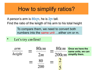 How to simplify ratios?
A person’s arm is 80cm, he is 2m tall.
Find the ratio of the length of his arm to his total height
m
cm
2
80

cm
cm
200
80
200
80 
5
2
To compare them, we need to convert both
numbers into the same unit …either cm or m.
• Let’s try cm first!

height
arm

Once we have the
same units, we can
simplify them.
 