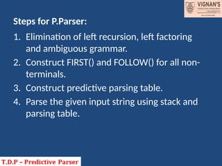 Steps for P.Parser:
1. Elimination of left recursion, left factoring
and ambiguous grammar.
2. Construct FIRST() and FOLLOW() for all non-
terminals.
3. Construct predictive parsing table.
4. Parse the given input string using stack and
parsing table.
 