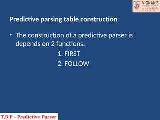 Predictive parsing table construction
• The construction of a predictive parser is
depends on 2 functions.
1. FIRST
2. FOLLOW
 